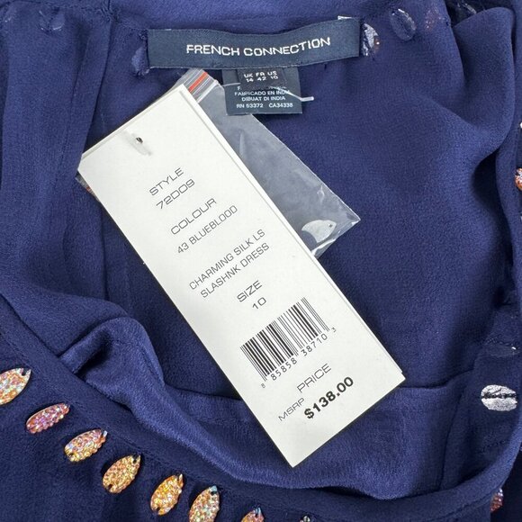 French Connection NEW 100% Silk Navy Blue Embellished Beaded Blouse Top Size 10 - Picture 6 of 10